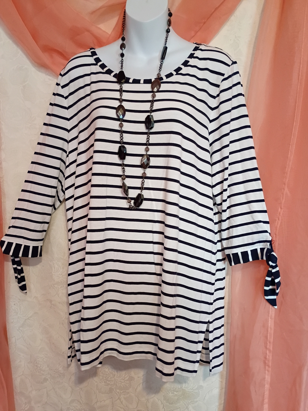 Chico's Ladies White and Black Striped Tie-Sleeve Tunic Sz 16P